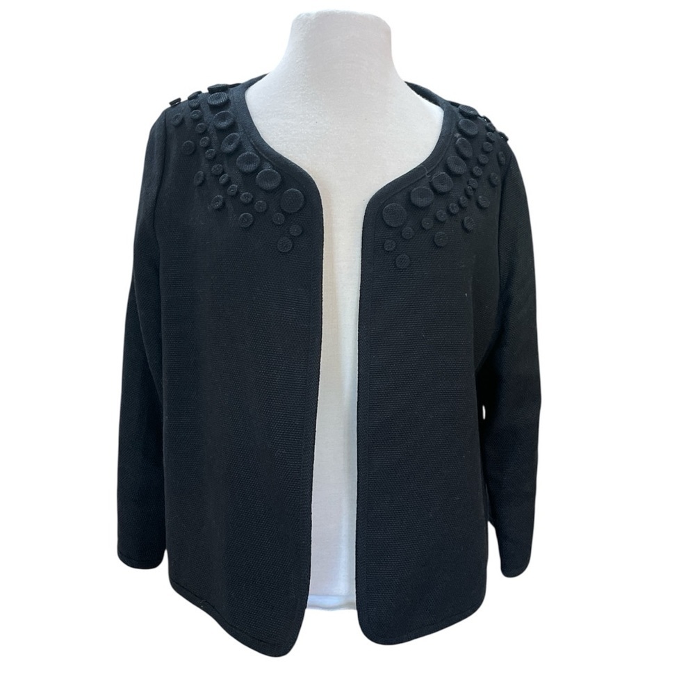 Talbots Black Women's Jacket Linen Blend Open Front Embellished Size 14